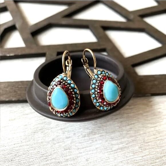 NEW Roman Revival Turquoise Blue Stone Tear Drop Earrings - Picture 2 of 4